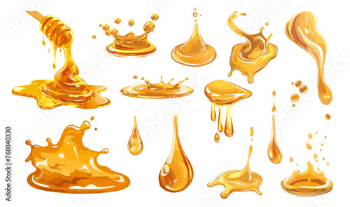 Cartoon liquid honey. Sweet caramel flows and blobs. Dessert sauce drops. Culinary and baking, cooking. Beekeeping vector elements