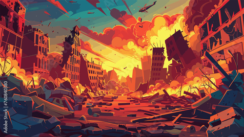 City destroyed by bombs and war. Cartoon illustration of tragedy and destructions. Ruins of houses and smoke, explosions, vector landscape