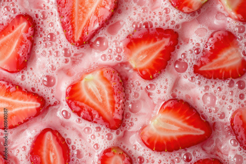 Close up of Fresh Strawberry Milkshake with Fruit Slices Detail Texture Background. Macro Top View of Fruity Milk Shake or Healthy Juicy Smoothie Backdrop. Yummy Summer Drink Mix Surface Wallpaper