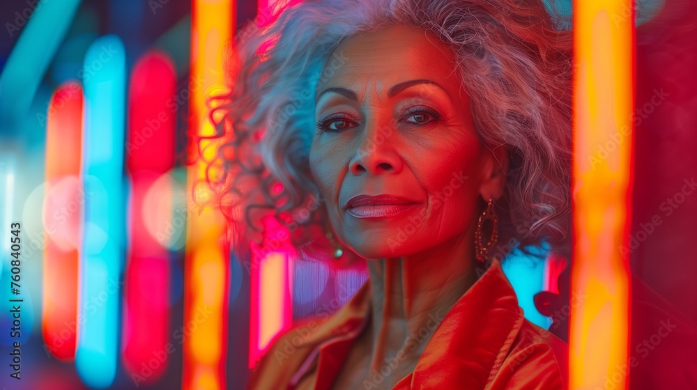 Obraz premium Woman in Red Jacket Amid Neon Lights