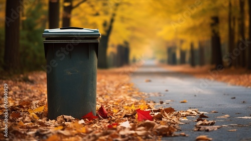 Garbage can or clean recycling bin with autumn leaves at the empty road during autumn season.