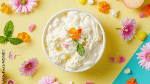 a bowl of yogurt surrounded by flowers on a yellow and blue and pink background with pastel colors.