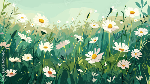 Green meadow with daisy and grass. Seasonal chamomile field, spring summer nature landscape. Cartoon park, floral vector illustration © MicroOne