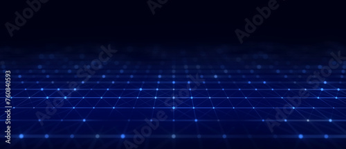 Abstract perspective blue grid. Wireframe landscape with dots and lines. 3D rendering.