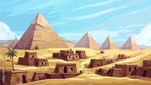 Pyramids in desert illustration. Stone homes of poor people in sands. Archeology place on east region. Tombs, tourism and travel vector landscape photo