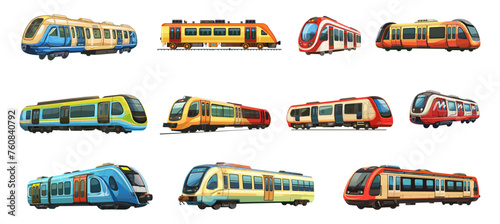 Subway trains. Cartoon isolated train set, modern urban underground transport. Rail transportation, tram or subway. Public vehicle vector set