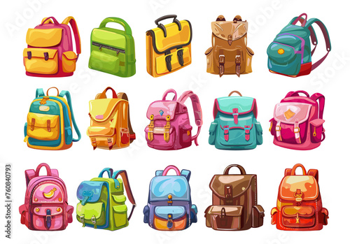 School office backpacks cartoon collection. Bright childish bags for education, college or university. Kids travel camp luggage, vector set