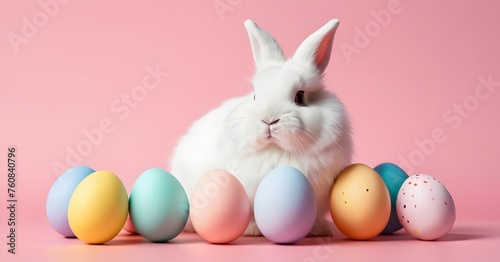 White fluffy bunny with Easter colorful eggs on a pink background