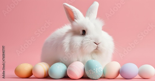 White fluffy bunny with Easter colorful eggs on a pink background © LilithArt