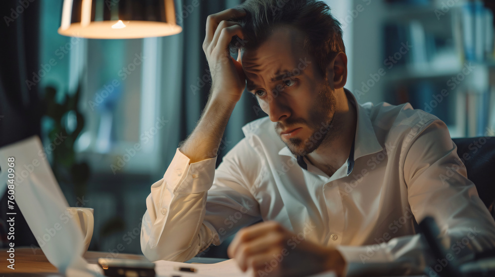worried man working on financial accounting documents