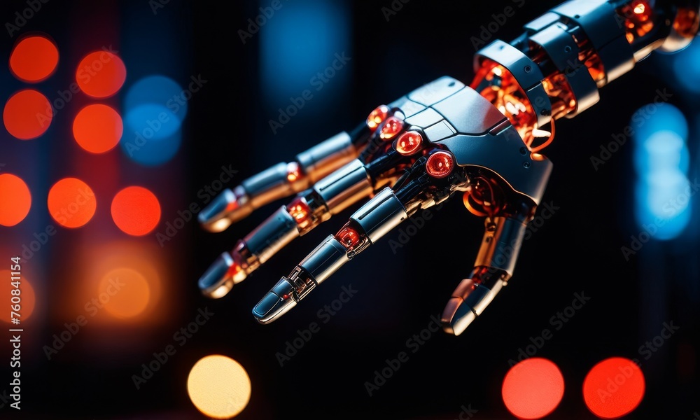 The image captures a robotic hand with glowing red lights, symbolizing cutting-edge technology and human-like dexterity.