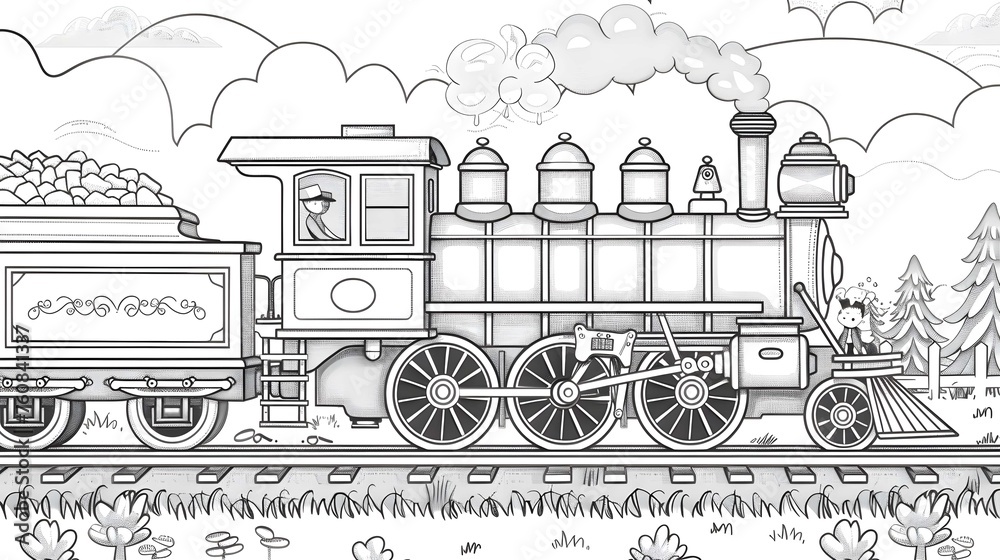 Coloring book for children train close-up.