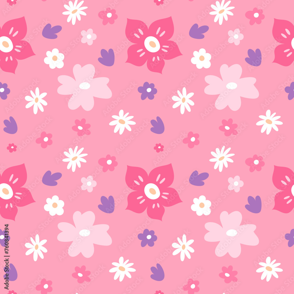Spring flowers seamless pattern. Garden beautiful plants. Blooming nature. Pink floral motif. Repeated elements. Blossom petals. Sakura buds. Cute chamomile. Garish vector background