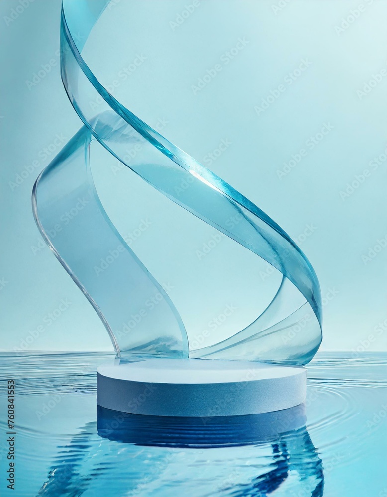 podium with transparent glass wavy ribbon on water. Abstract geometric background in holographic blue colors - obrazy, fototapety, plakaty 