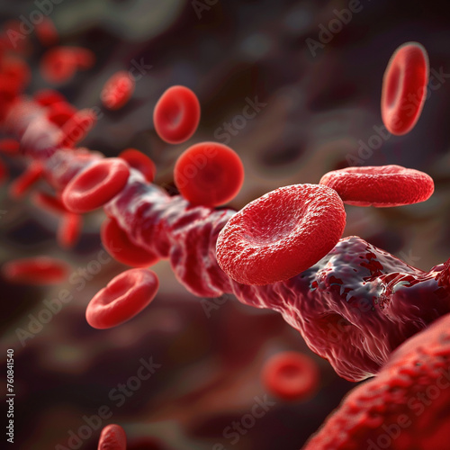 3D rendering of red blood cells in vein with depth of field flowing in one direction