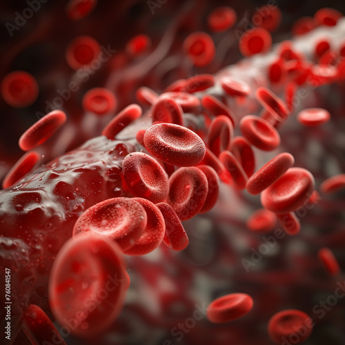3D rendering of red blood cells in vein with depth of field flowing in one direction