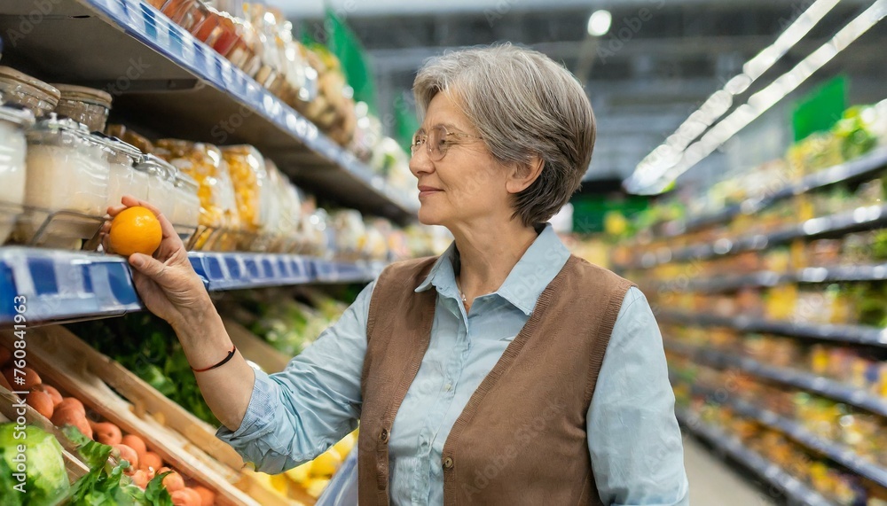 Obraz premium Retired eldery woman stands by shelves with products in a grocery store and look at the prices
