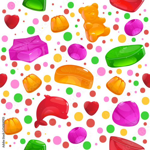 Jelly candies seamless pattern. Fruit gummy sweets. Color marmalade molds. Baby chewing vitamins. Different fruit tastes. Delicious gelatin dessert. Yummy confectionery. Vector background
