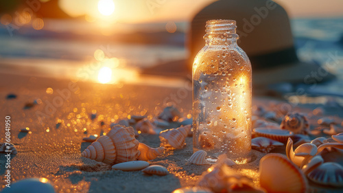 A bottle and seashells on the beach at sunset