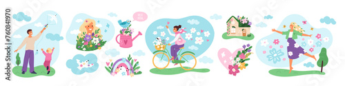 Happy spring people. Guys and girls enjoy warm weather and awakening nature. Seasons change. Summer birds and flowers. Sky rainbows. Woman on bicycle. Family fly kite. Garish vector set © VectorBum