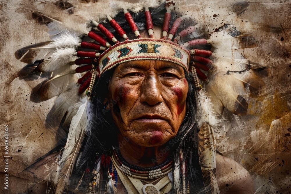 Americans Indian Man Native Portrait, American Indian Man from Tribe with Painted Face Stern Look