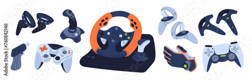 Game console joysticks. Electronic video controllers. Playing devices. Digital interactive entertainment. Steering wheel. Cybersport gamepads. Gaming wireless glove. Garish vector set