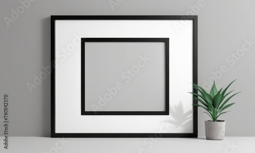 A large black frame rests on a white surface  its presence accentuated by the delicate shadow of a nearby green plant. The composition speaks to a natural and artistic fusion.