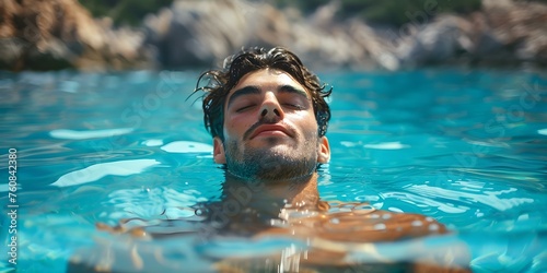 Man Delights in a Relaxing Swim in Clear Turquoise Ocean Waters. Concept Vacation Activities, Sea Adventures, Relaxing Destinations, Water Recreation