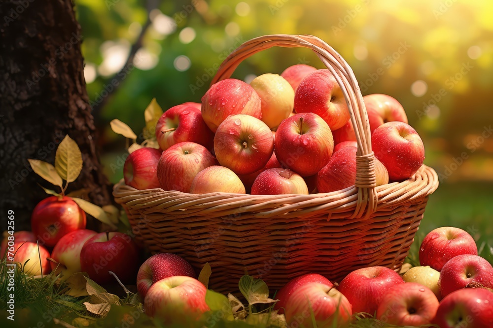 Red Apples in Basket, Rich Apples Harvest Banner, Ripe Fruits in Garden on Grass under Apple Tree Red Apples in Basket, Rich Apples Harvest Banner, Ripe Fruits in Garden on Grass under Apple Tree