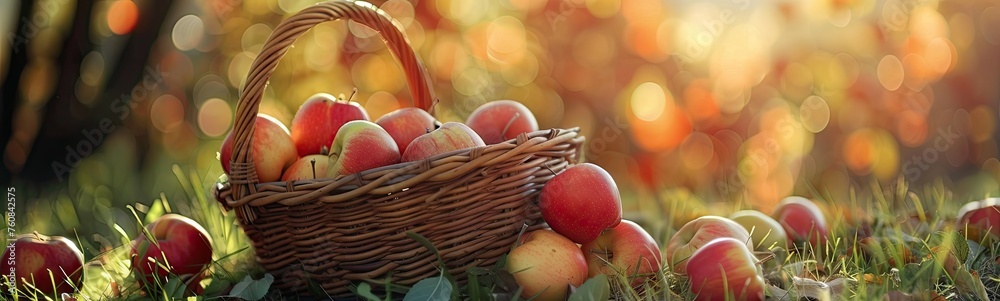 Red Apples in Basket, Rich Apples Harvest Banner, Ripe Fruits in Garden on Grass under Apple Tree - obrazy, fototapety, plakaty 