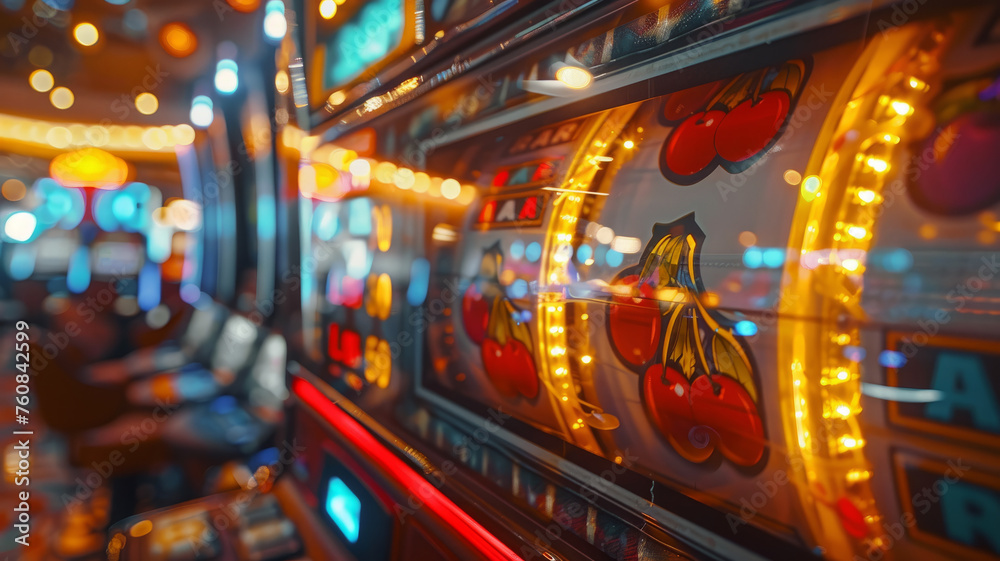 Picture of illuminated slot machines at a casino