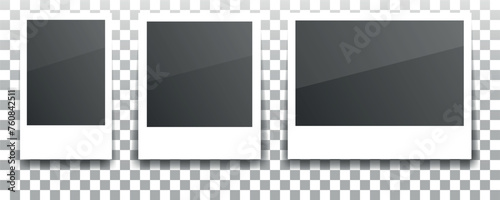 3 vintage photo frames with shadow on transparent background.  Empty retro frame  templates with different size.