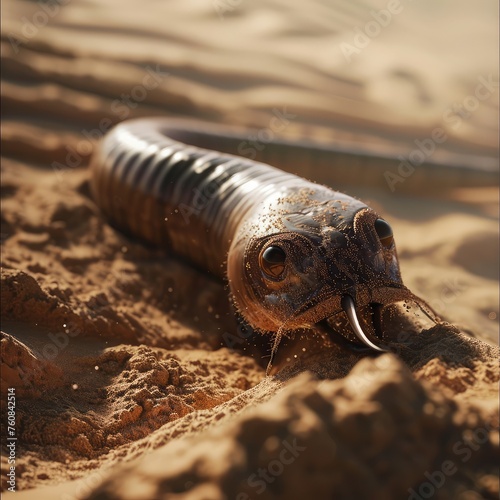 Huge Sand Worm, Giant Sandworm Raising Up From the Desert Depths, Little Man in Black © artemstepanov