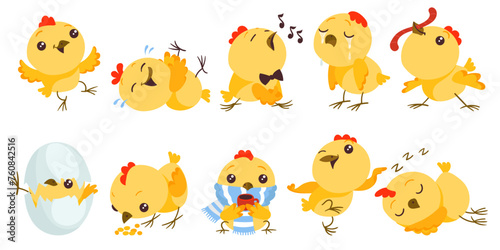 Cartoon baby chicken. Funny little birds. Easter character. Chick hatched from egg. Yellow mascot with different emotions. Sleeping or playing birdie. Domestic animal. Splendid vector set photo
