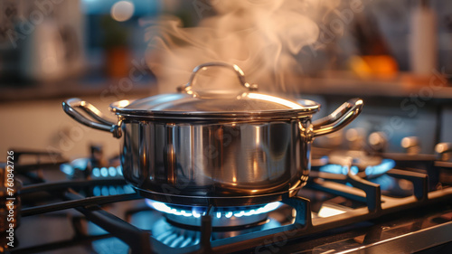 Stainless steel pot on a stove with steam.