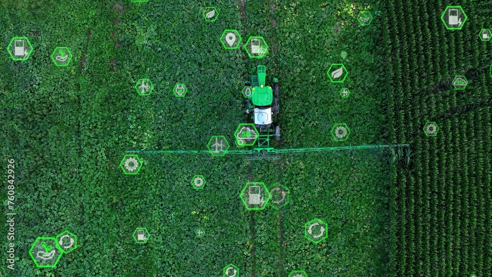 Autonomous self driving tractor with green, sustainable icons. Top down aerial Graphic 3D overlay concept. The future of technology farming
