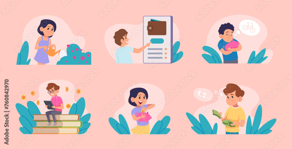 Kids and money. Set about pocket money parents take a financial skills for kids exact vector saving coins concept Kids and money. Set about pocket money parents take a financial skills for kids exact vector saving coins concept