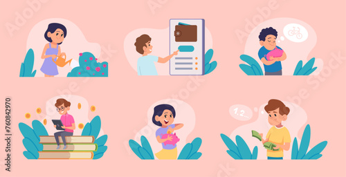 Kids and money. Set about pocket money parents take a financial skills for kids exact vector saving coins concept