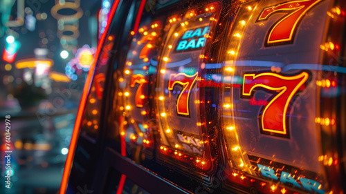 Slot machine with neon lights showing 777