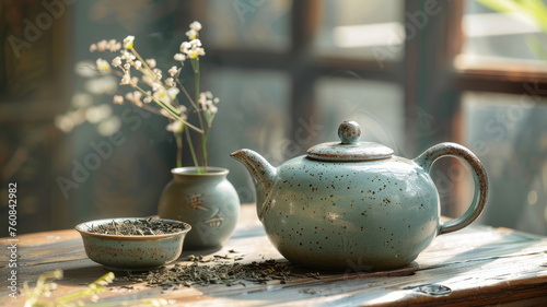 A ceramic teapot and cup with tea leaves