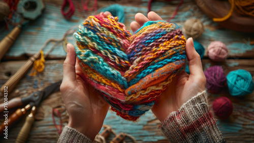 Hands holding a woolen heart shape.