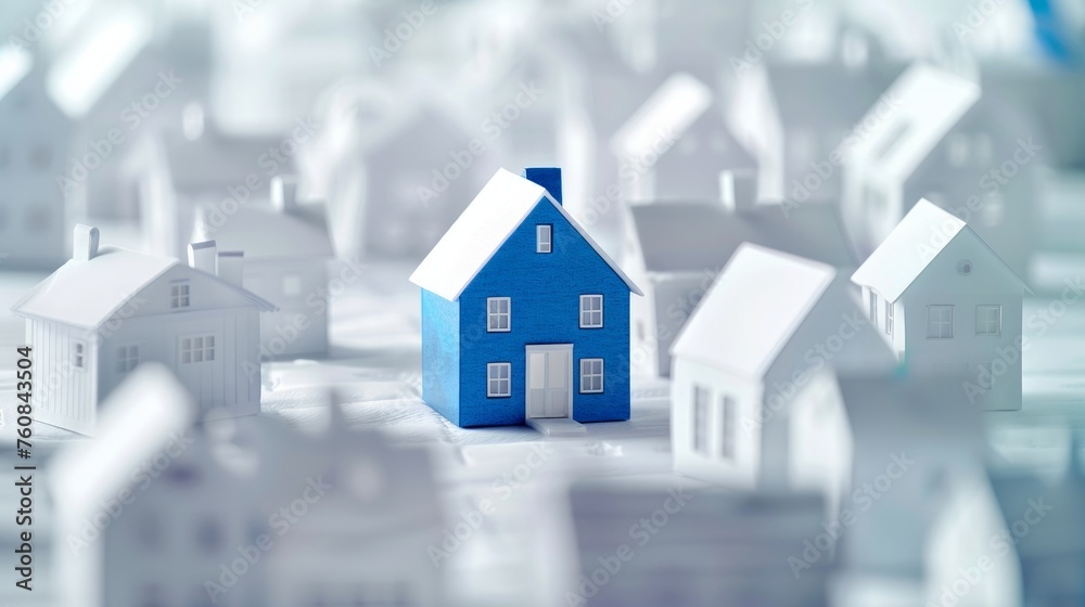 Nestled among a cluster of white houses, a distinct blue house stands out, making it a unique find in the real estate property industry Nestled among a cluster of white houses, a distinct blue house stands out, making it a unique find in the real estate property industry