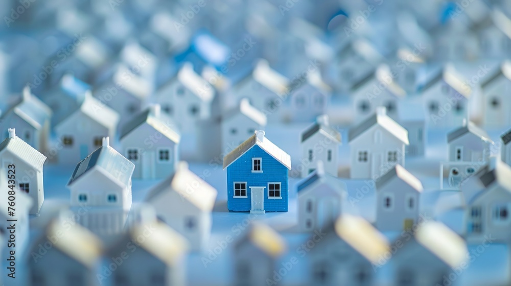 Nestled among a cluster of white houses, a distinct blue house stands out, making it a unique find in the real estate property industry Nestled among a cluster of white houses, a distinct blue house stands out, making it a unique find in the real estate property industry