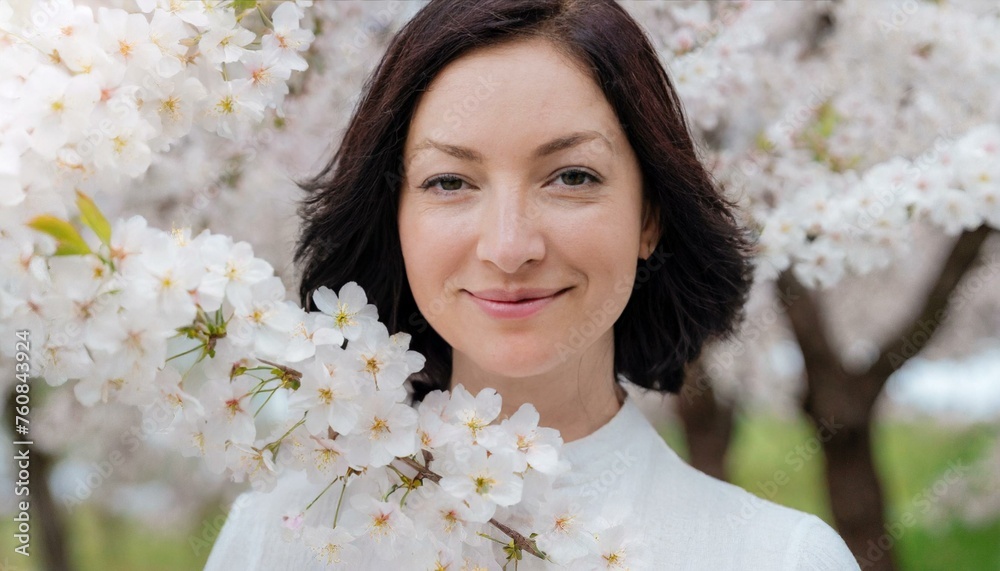 Radiant woman amidst a flurry of cherry blossoms, embodying the essence of spring Radiant woman amidst a flurry of cherry blossoms, embodying the essence of spring