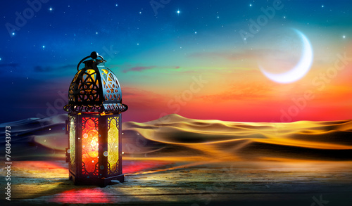 Ramadan Kareem - Arabic Lantern At Dawn In Desert With Crescent Moon In Starry Sky - Abstract Glitter In The Candlelight