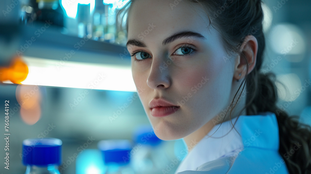 a young biotech researcher presenting groundbreaking advancements in personalized medicine, with futuristic medical equipment as a backdrop. a young biotech researcher presenting groundbreaking advancements in personalized medicine, with futuristic medical equipment as a backdrop.
