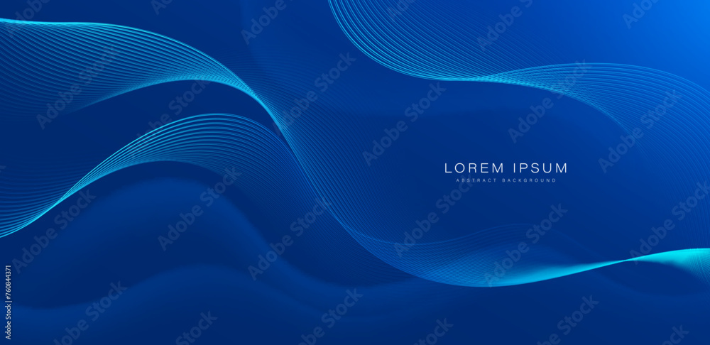 Abstract blue background with glowing wave. Shiny blue moving lines design element. Modern smooth wavy lines. Futuristic concept. Suit for banner, brochure, cover, website, corporate, flyer - obrazy, fototapety, plakaty 