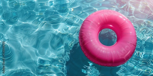 Pink inflatable ring in shimmering pool - tranquil summer day concept