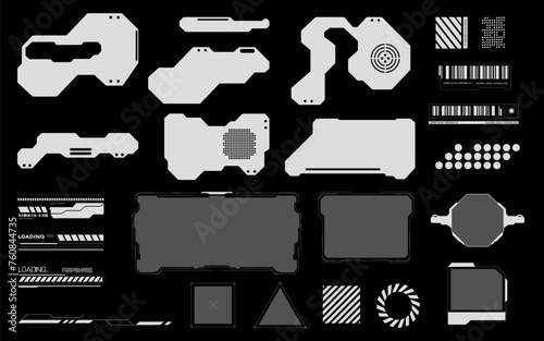 Set of Sci Fi modern user interface elements. Futuristic abstract HUD frame screen, button, loading, text isolated on black background. GUI elements for game. Data information infographic. 