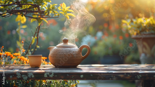 A steaming teapot on an outdoor table. photo